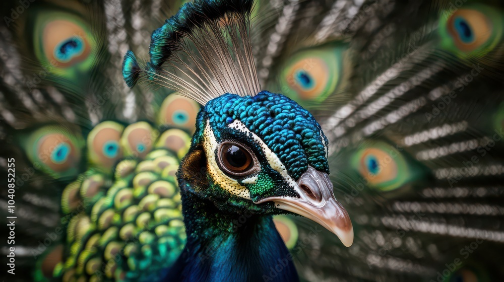 Obraz premium Close-up portrait of a male peacock displaying beautiful plumage- Lincoln, Nebraska, United States of America 
