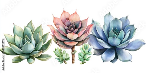 Fototapeta Naklejka Na Ścianę i Meble -  Watercolor painting of succulents in green, pink, and blue hues.
