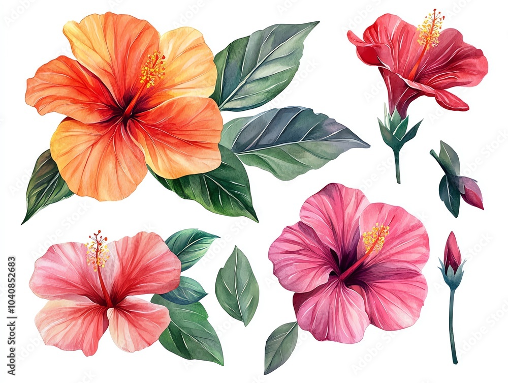 Watercolor illustration of hibiscus flowers in red, pink and orange colors with leaves, buds and stems isolated on white background. Watercolor illustration of hibiscus flowers in red, pink and orange colors with leaves, buds and stems isolated on white background.