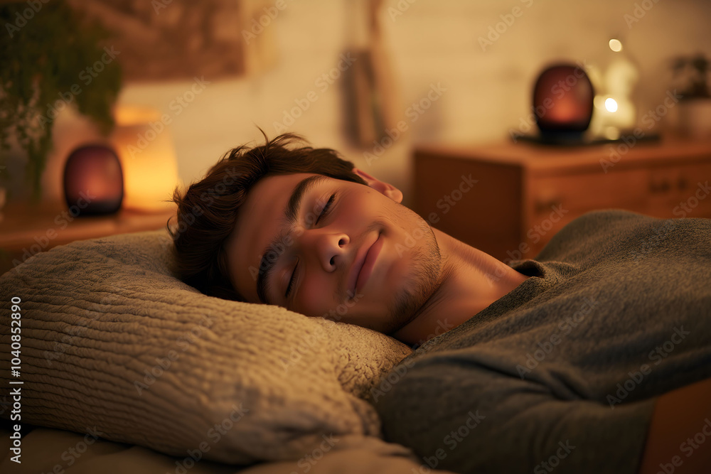 Young man is enjoying a peaceful sleep in his bed at night, surrounded by warm and inviting lights Young man is enjoying a peaceful sleep in his bed at night, surrounded by warm and inviting lights