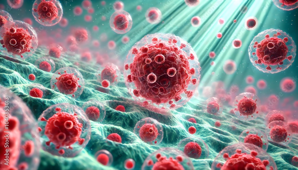 A highly detailed and dynamic image showing a magnified view of virus particles spreading across a cellular landscape A highly detailed and dynamic image showing a magnified view of virus particles spreading across a cellular landscape