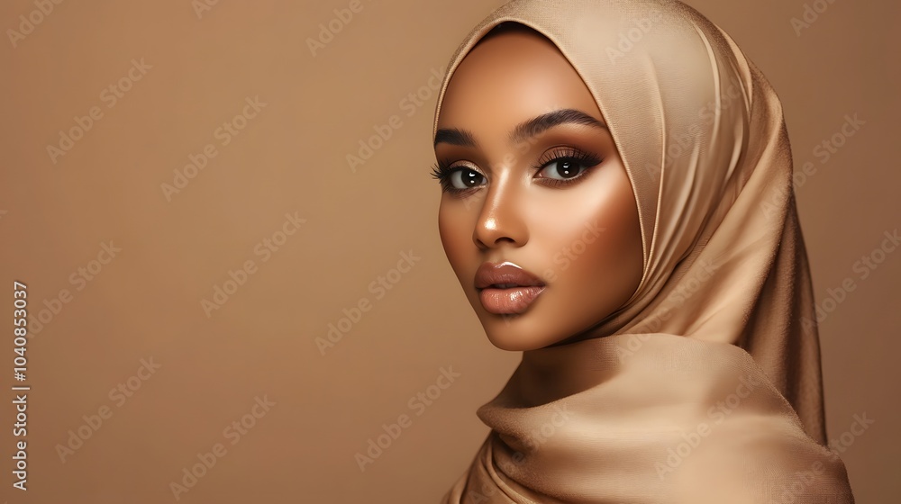 Portrait of beautiful modern muslim woman with natural make-up dressed in beige hijab posing on brown background in studio. Facial skin care, female beauty. 