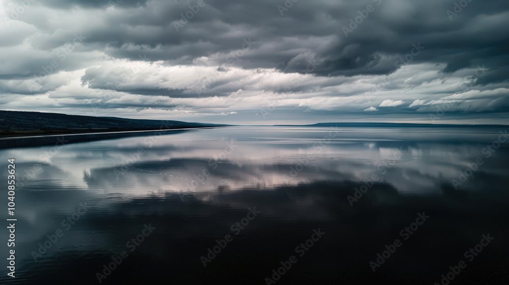serene lake reflects dark clouds and moody sky, creating tranquil yet dramatic atmosphere. still water enhances beauty of natures palette serene lake reflects dark clouds and moody sky, creating tranquil yet dramatic atmosphere. still water enhances beauty of natures palette