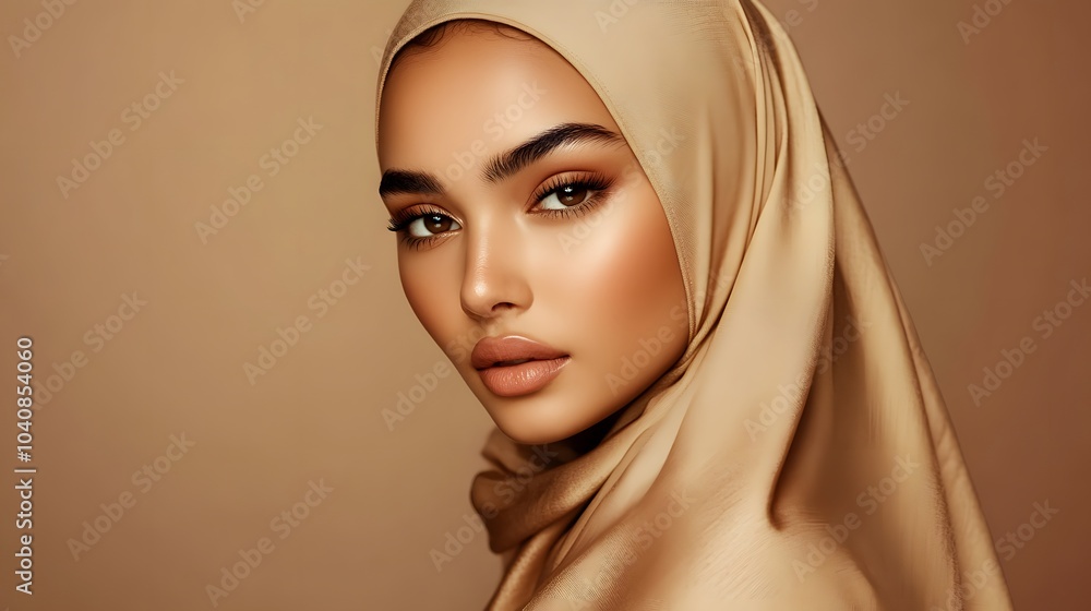 Portrait of beautiful modern muslim woman with natural make-up dressed in beige hijab posing on brown background in studio. Facial skin care, female beauty. Portrait of beautiful modern muslim woman with natural make-up dressed in beige hijab posing on brown background in studio. Facial skin care, female beauty.