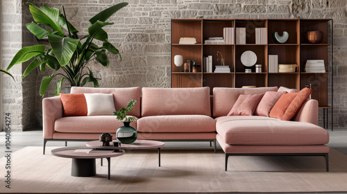 modern living room featuring stylish pink sectional sofa with decorative cushions, complemented by sleek coffee table and vibrant indoor plant. grey stone wall adds touch of elegance to space