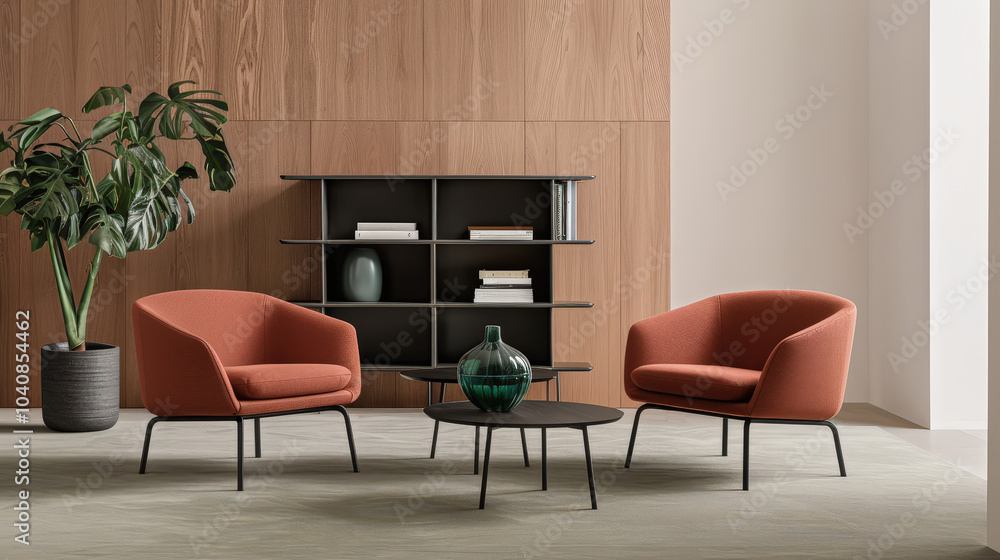 Fototapeta premium Modern orange armchairs with black coffee table and decorative plant