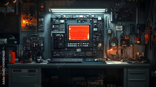 Retro Futuristic Workstation with Red Screen Illustration