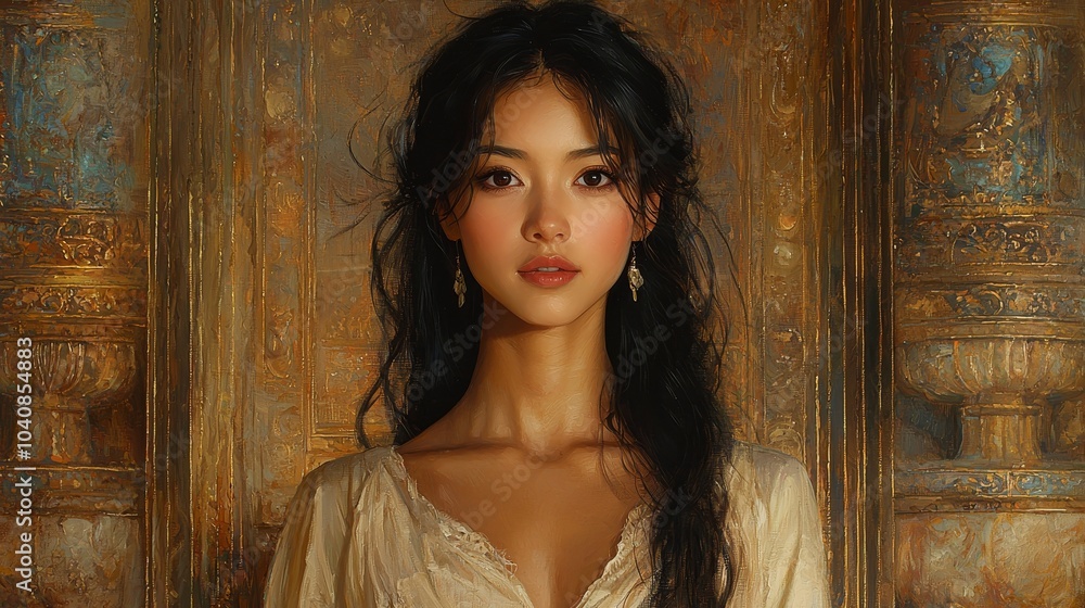 Fototapeta premium Asian Woman in Ancient Temple Painting