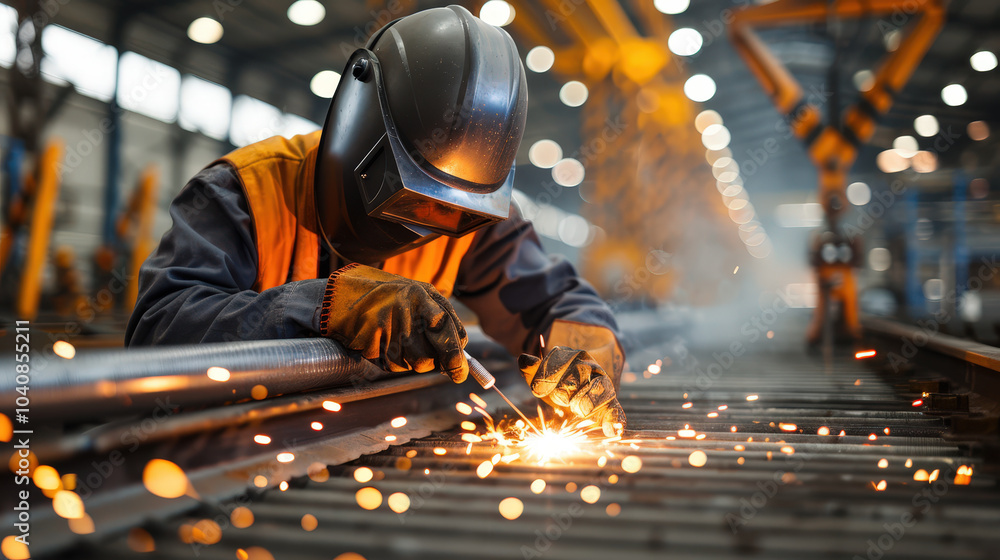 Welders create bright sparks while working on metal in large industrial setting. scene captures intensity and focus of task, showcasing craftsmanship involved in metalwork Welders create bright sparks while working on metal in large industrial setting. scene captures intensity and focus of task, showcasing craftsmanship involved in metalwork