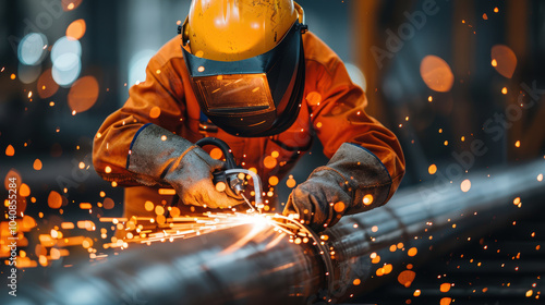 Welders create sparks while repairing large metal pipes in industrial setting, showcasing intensity and skill involved in their work. vibrant sparks illuminate scene, emphasizing craftsmanship