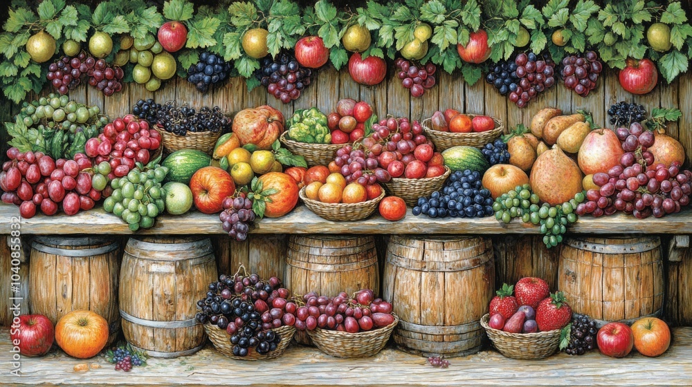 Fresh Fruit Harvest Display on Wooden Shelves with Barrels Fresh Fruit Harvest Display on Wooden Shelves with Barrels