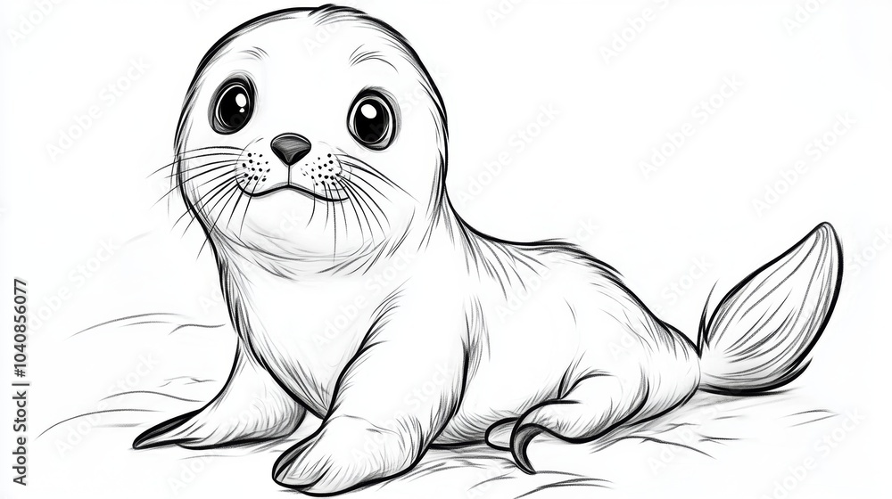 Obraz premium Cute Baby Seal Pup Drawing Black and White Illustration Animal Portrait