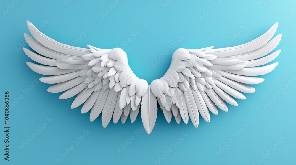 A pair of elegant, white angel wings against a soft blue background, symbolizing freedom, beauty, and spirituality. A pair of elegant, white angel wings against a soft blue background, symbolizing freedom, beauty, and spirituality.