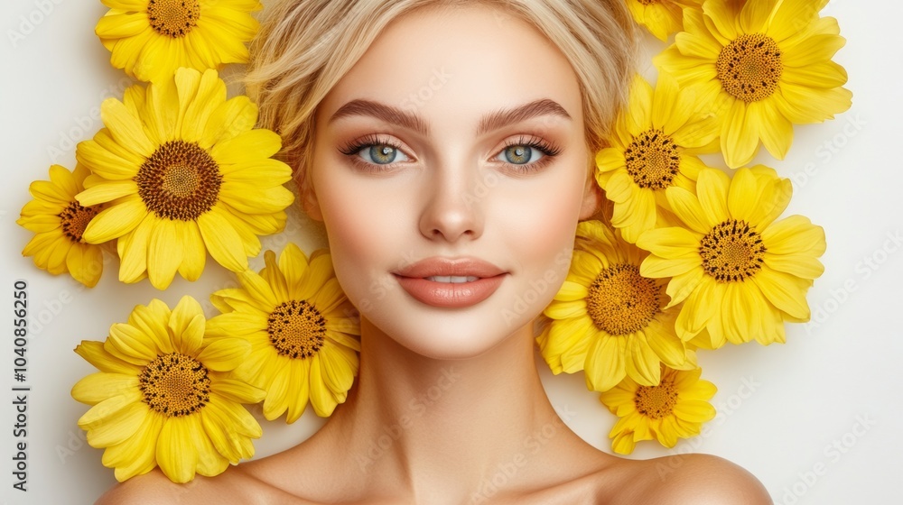 Beautiful Woman with Yellow Flowers Summer Beauty Portrait Beautiful Woman with Yellow Flowers Summer Beauty Portrait