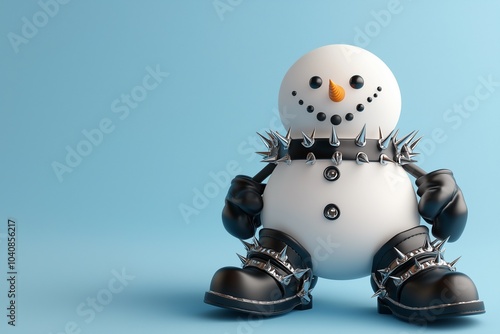 A playful snowman with a spiked collar and boots, blending festive cheer with a punk edge against a soft blue background. photo