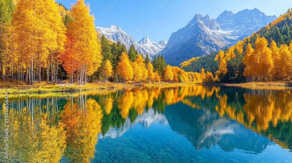Autumnal Mountain Lake with Golden Trees and Clear Reflections Autumnal Mountain Lake with Golden Trees and Clear Reflections