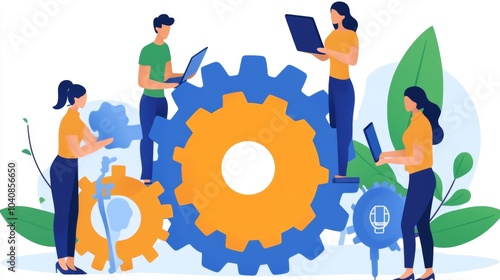 Teamwork Collaboration Business People Gears Technology Illustration