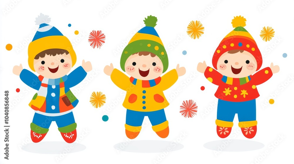 Happy Children in Winter Clothes Jumping with Confetti Happy Children in Winter Clothes Jumping with Confetti