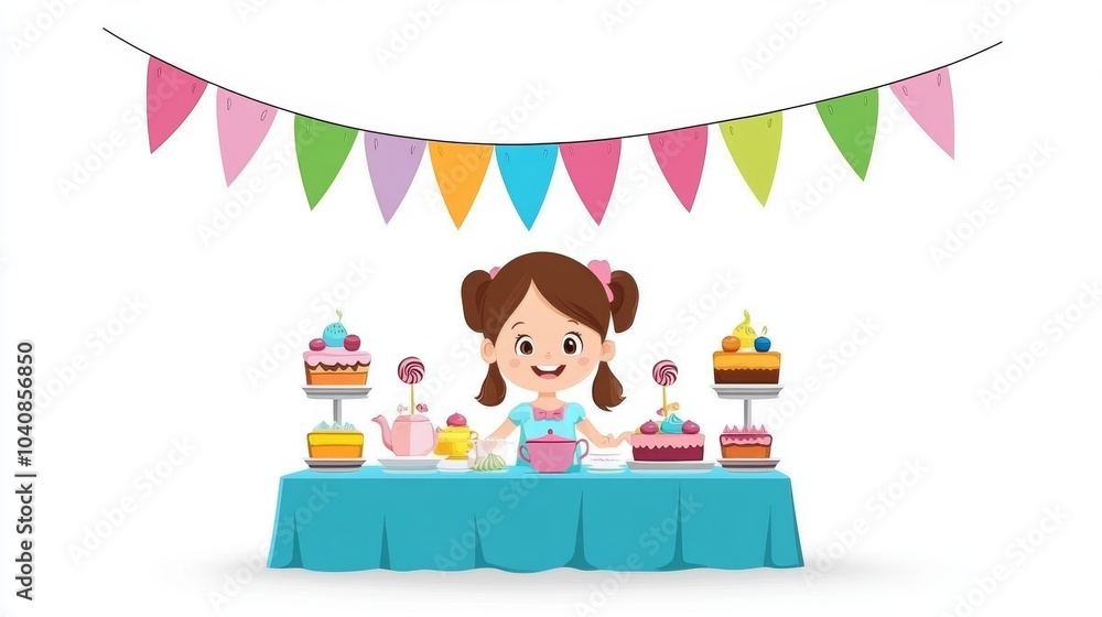 Happy Girl Celebrating Birthday with Cakes and Party Flags Happy Girl Celebrating Birthday with Cakes and Party Flags