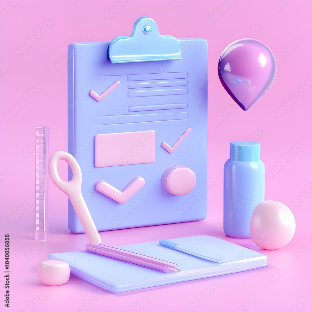 3D Render of Checklist with Notebook Pen and Stationery on Pink Background 3D Render of Checklist with Notebook Pen and Stationery on Pink Background