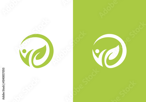nature logo vector design line art tree and human or person inside circle, abstract leaf logo symbol inside circle