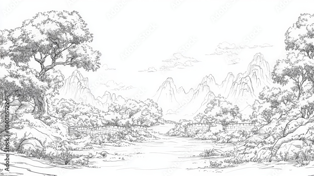Naklejka premium Hand Drawn Sketch of Mountainous Landscape with Trees and River