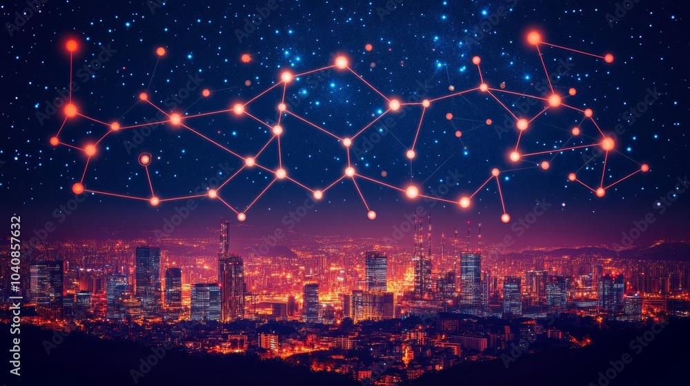 Night Cityscape with Network Connection and Stars Night Cityscape with Network Connection and Stars