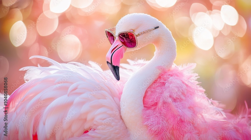 Naklejka premium Pink Flamingo with Sunglasses in Bokeh Background