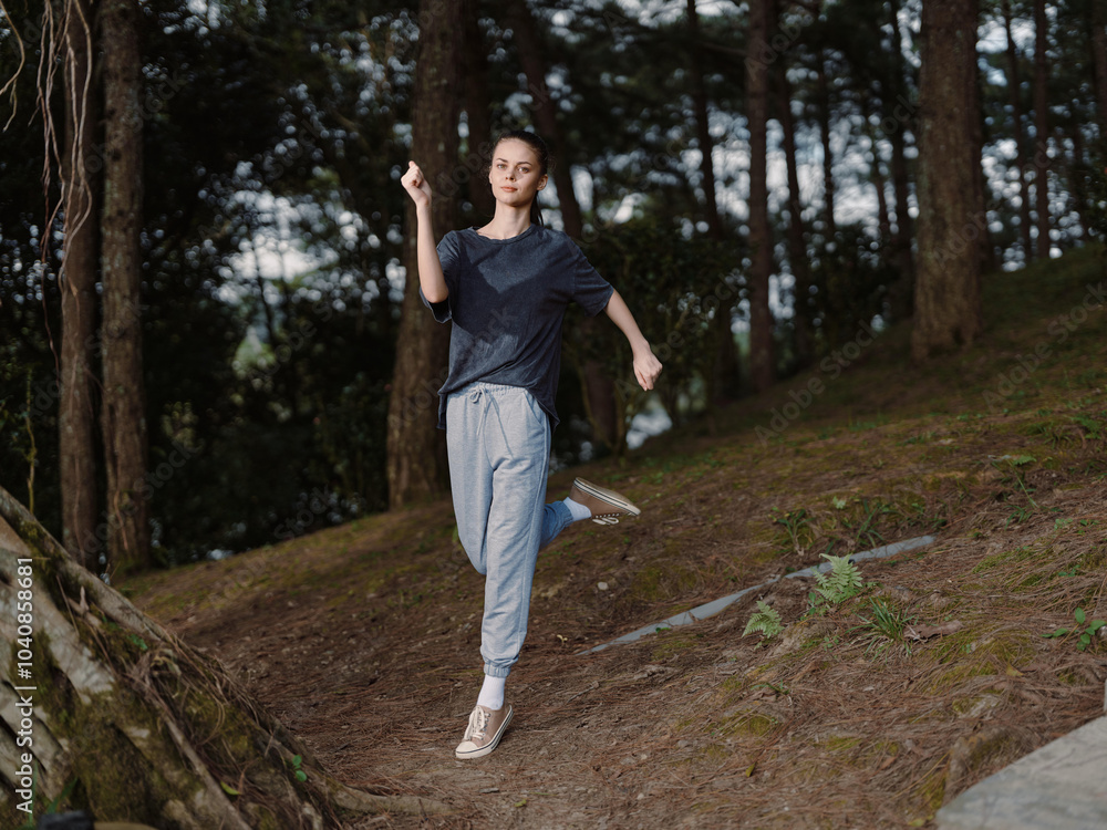 Energetic young woman jogging through a serene forest, enjoying the freshness of nature and staying active amidst tall trees and greenery Fitness and vitality concept Energetic young woman jogging through a serene forest, enjoying the freshness of nature and staying active amidst tall trees and greenery Fitness and vitality concept