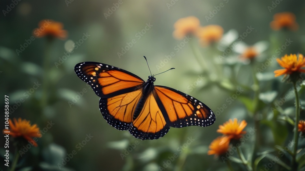A monarch butterfly in flight against a background of orange flowers. A monarch butterfly in flight against a background of orange flowers.