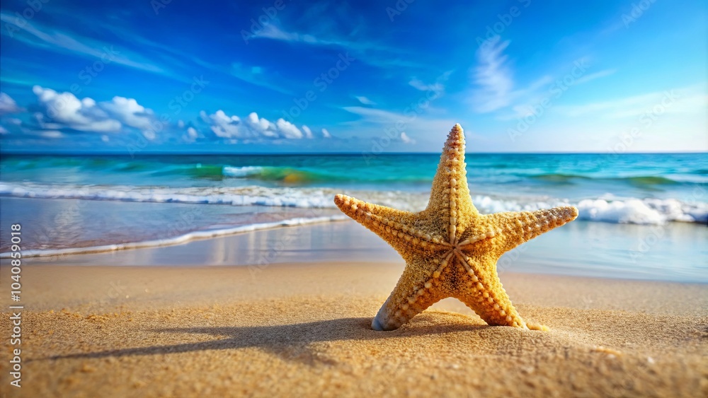 A single starfish rests on the golden sand, its points reaching toward a turquoise ocean and a bright blue sky dotted with white clouds. A single starfish rests on the golden sand, its points reaching toward a turquoise ocean and a bright blue sky dotted with white clouds.
