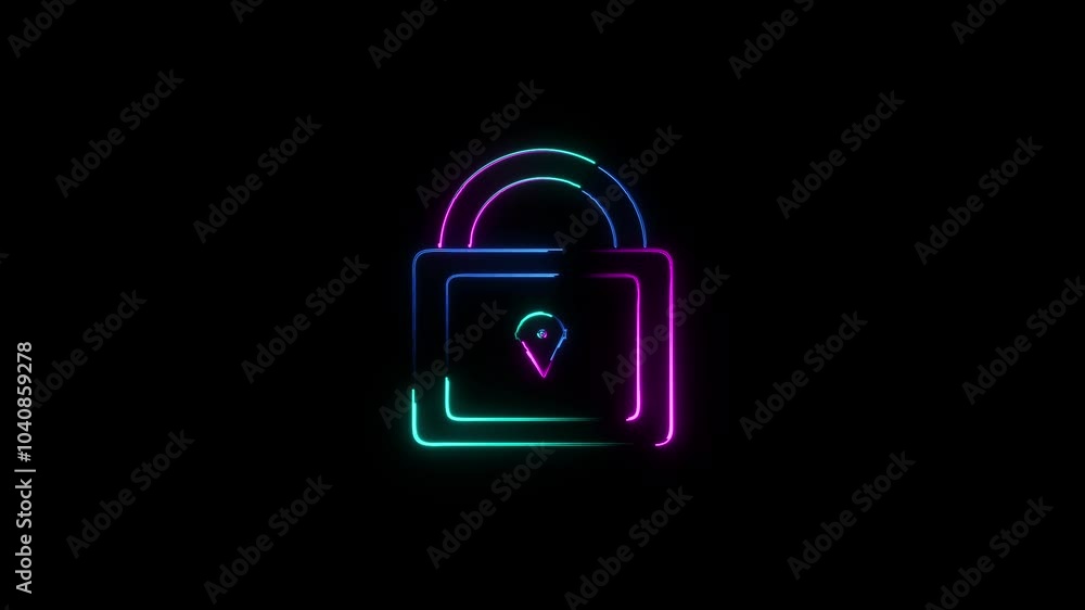 Neon dynamic lock icon glowing animated black background Neon dynamic lock icon glowing animated black background