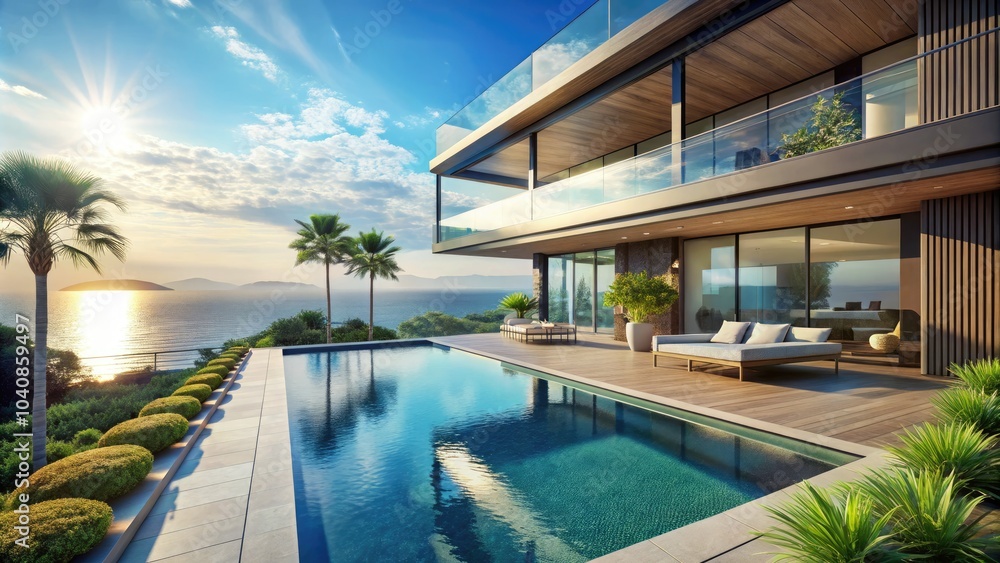 Fototapeta premium Spectacular 3D rendering of a sleek pool villa, showcasing incredible ocean vistas, representing the epitome of opulent seaside living and tranquility.