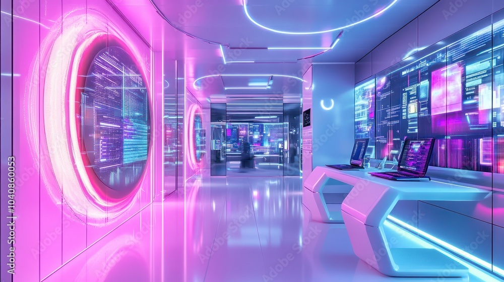 A futuristic, neon-lit hallway with glowing screens and a futuristic desk. A futuristic, neon-lit hallway with glowing screens and a futuristic desk.