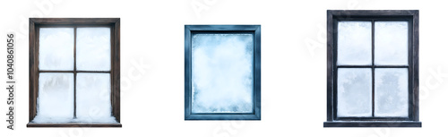 Three windows with snow-covered glass in varying styles and frames.