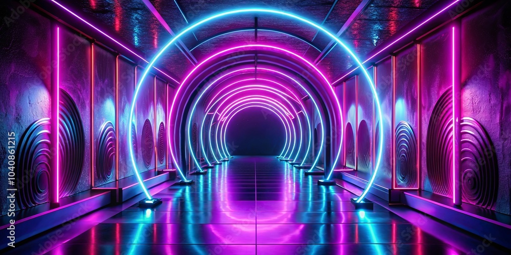 A surreal and futuristic corridor bathed in vibrant neon light, with a circular motif and a sense of depth, creating an alluring and captivating atmosphere. A surreal and futuristic corridor bathed in vibrant neon light, with a circular motif and a sense of depth, creating an alluring and captivating atmosphere.