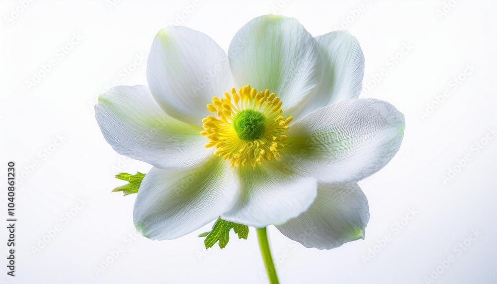 Fototapeta premium Anemone white on white background isolated. Beautiful flower.