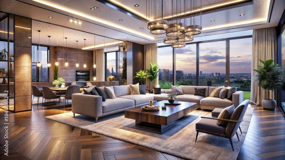 Chic open-concept modern interior with soft ambient lighting, perfect for showcasing breathtaking landscape photography while adding elegance and warmth to the sophisticated environment. Chic open-concept modern interior with soft ambient lighting, perfect for showcasing breathtaking landscape photography while adding elegance and warmth to the sophisticated environment.