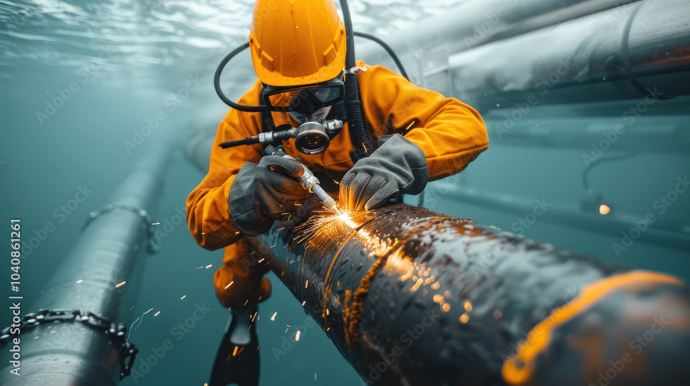 Underwater welding is complex and skilled task, as diver works meticulously on large pipe, creating sparks in deep blue water. divers bright orange suit contrasts with surrounding environment, Underwater welding is complex and skilled task, as diver works meticulously on large pipe, creating sparks in deep blue water. divers bright orange suit contrasts with surrounding environment,