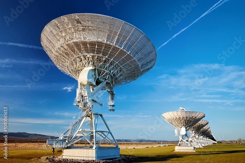 Earth based astronomical radio telescope. Radio telescopes used in science for space observation and distant objects exploring. Radio telescope pointing to the sky with clear blue sky background  photo