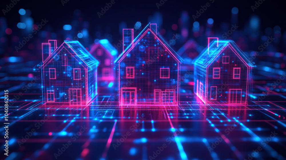 A futuristic cityscape with three houses in the foreground. The houses are made of a blue and red material and are surrounded by a grid of lines. Scene is futuristic and technological A futuristic cityscape with three houses in the foreground. The houses are made of a blue and red material and are surrounded by a grid of lines. Scene is futuristic and technological