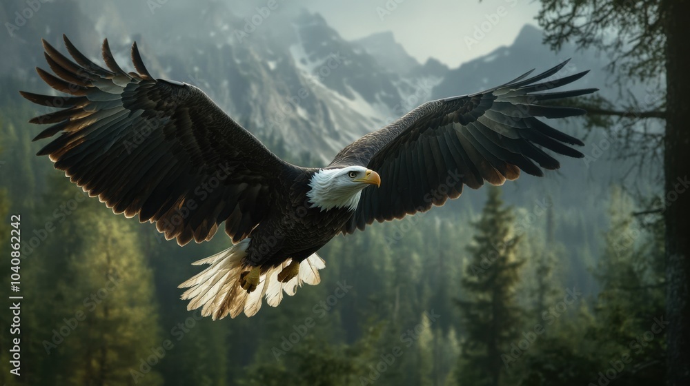 Fototapeta premium Majestic eagle soaring over a mountainous forest landscape.