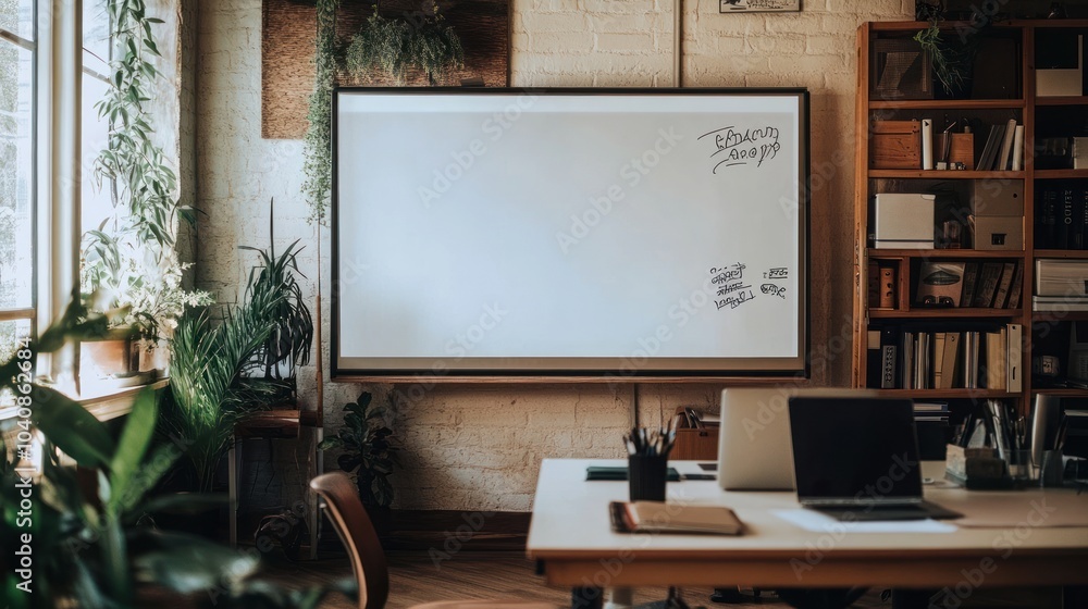 A modern office space with a whiteboard, desk, laptop, plants, and bookshelves. A modern office space with a whiteboard, desk, laptop, plants, and bookshelves.
