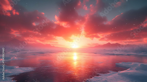 Snowy Mountain Sunset Landscape Illustration