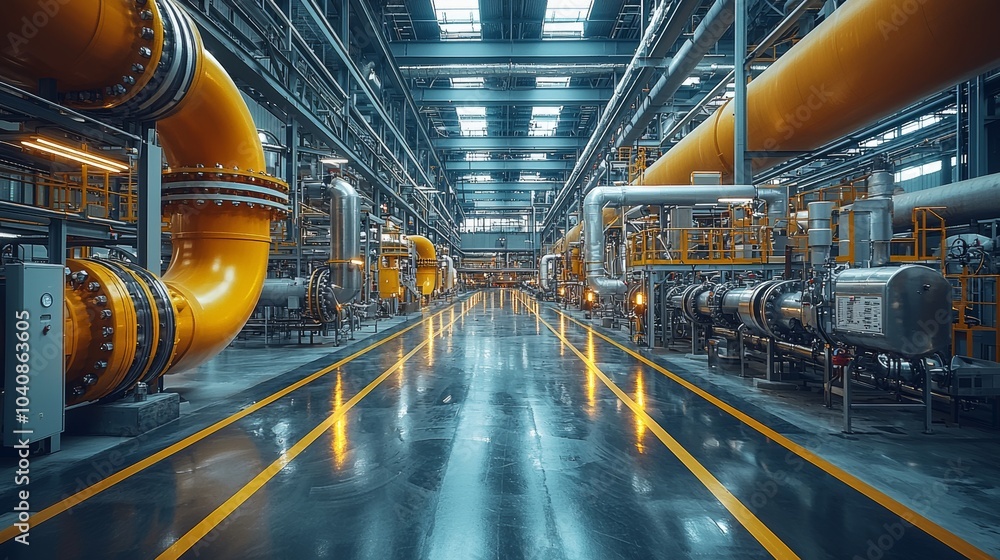 Fototapeta premium Industrial Plant Interior with Pipes Steel Structures and Yellow Stripes