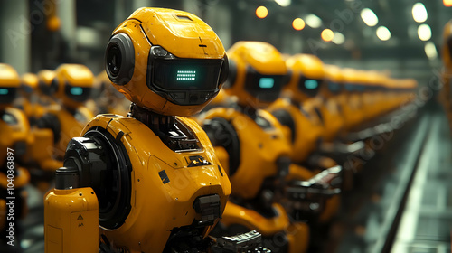 Line of Yellow Robots 3D Illustration