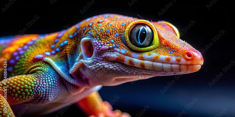 A close-up portrait of a vibrant, multi-colored lizard with an eye that is bright blue and yellow A close-up portrait of a vibrant, multi-colored lizard with an eye that is bright blue and yellow