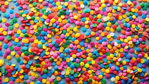 A vibrant mosaic of colorful round sprinkles scattered across a textured surface, creating a cheerful and festive visual display.