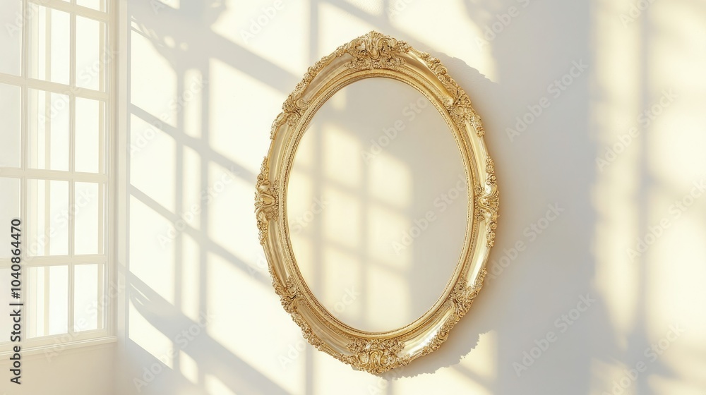 An elegant oval frame made of ornate gold with baroque designs, floating in a bright white environment, radiating a sense of luxury and historical significance An elegant oval frame made of ornate gold with baroque designs, floating in a bright white environment, radiating a sense of luxury and historical significance
