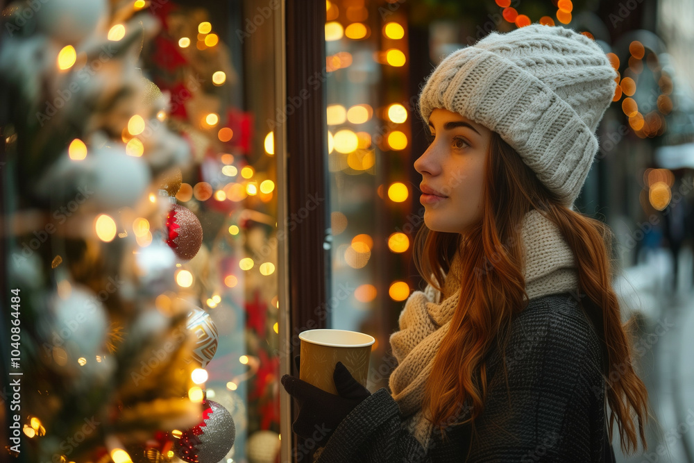 A young woman in a cozy winter outfit gazing at a festive holiday window display adorned with warm lights and Christmas ornaments, holding a cup of hot drink A young woman in a cozy winter outfit gazing at a festive holiday window display adorned with warm lights and Christmas ornaments, holding a cup of hot drink